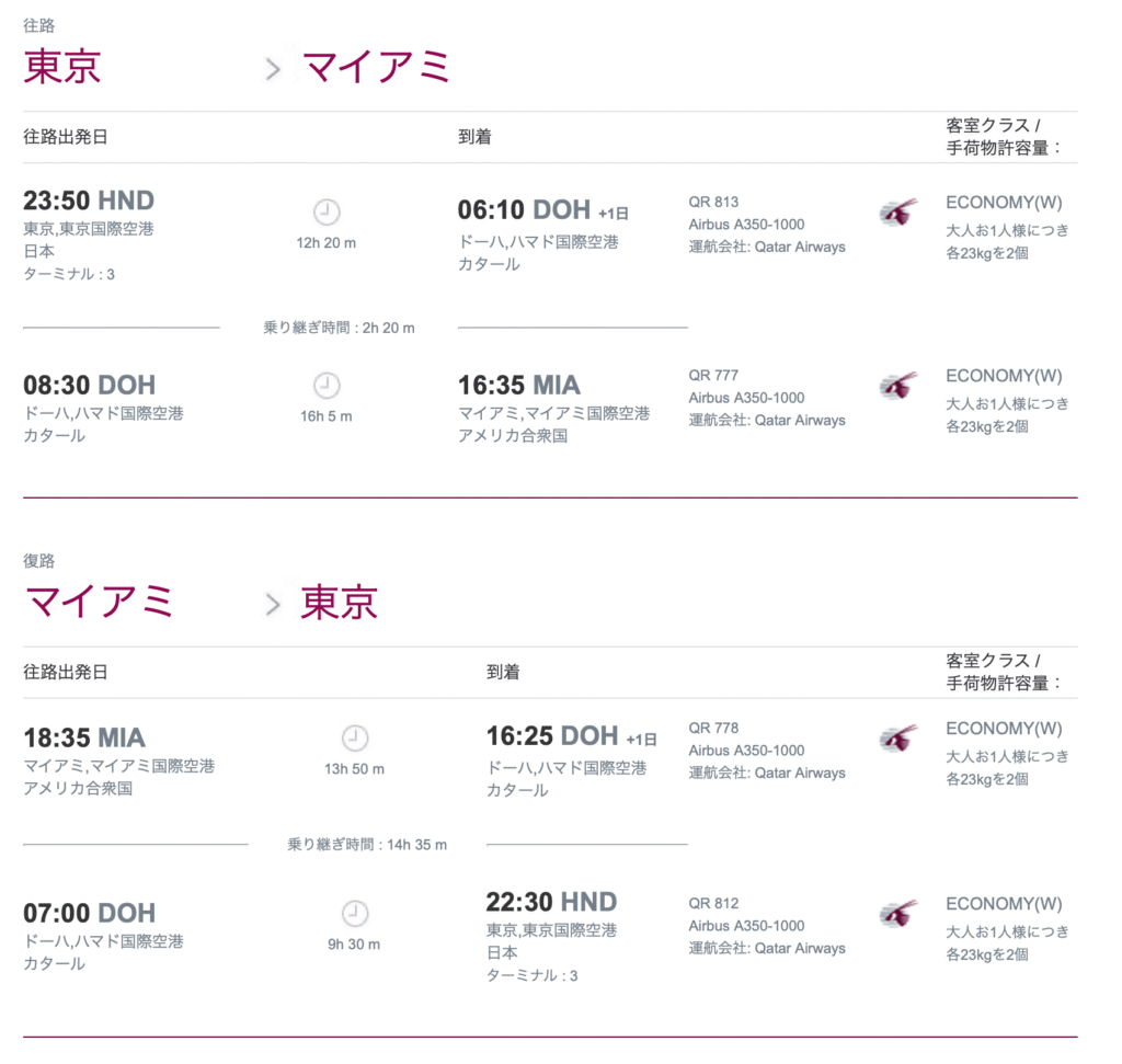 予約した航空券の旅程はこちら