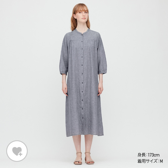 リネンコットンスタンドカラークルタワンピースその1