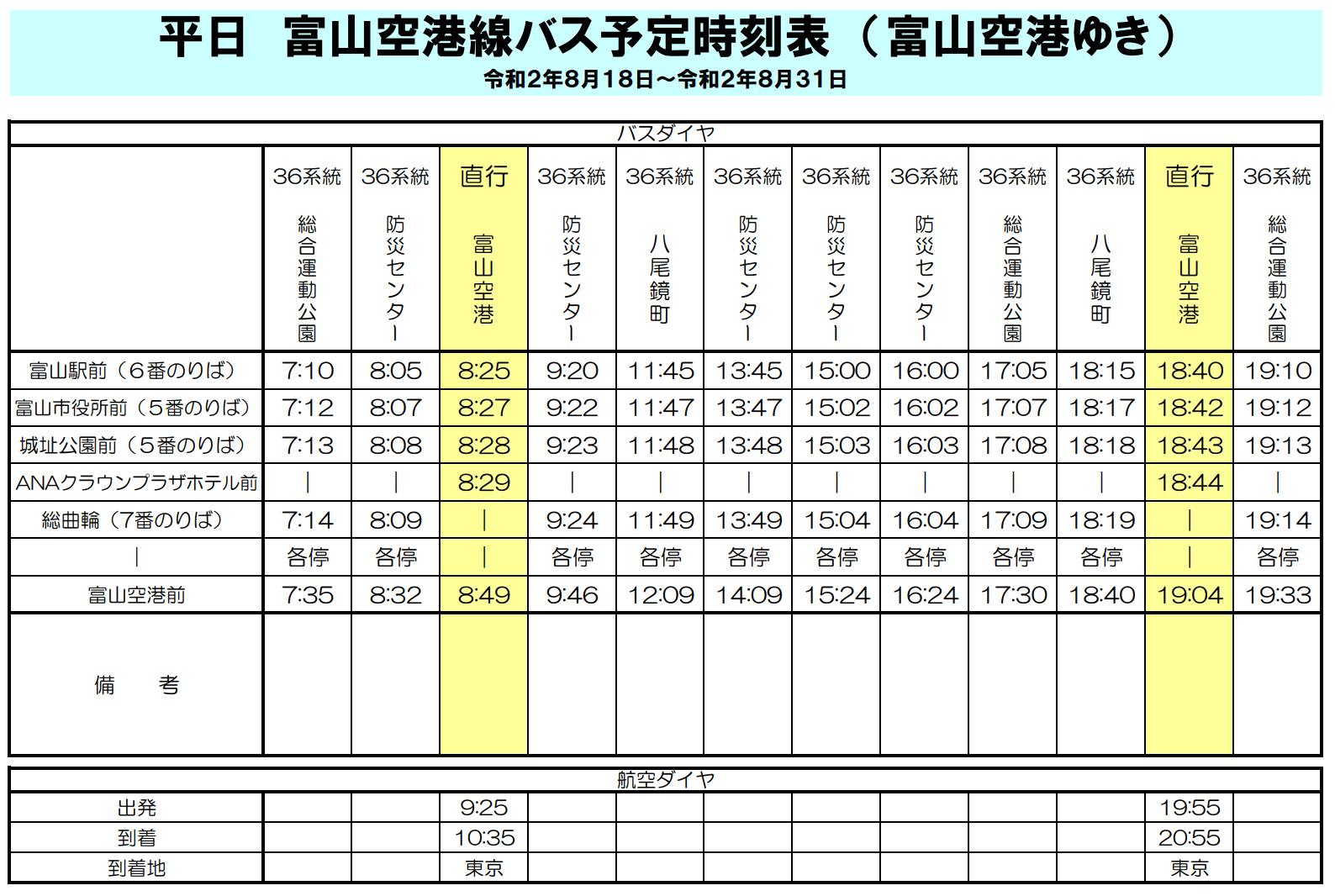 富山きときと空港-市内間のバス時刻表(平日 富山空港行き)