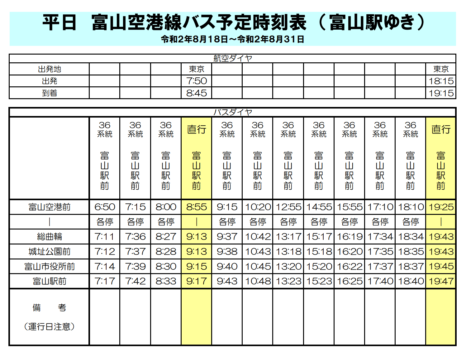 富山きときと空港-市内間のバス時刻表(休日 富山駅行き)