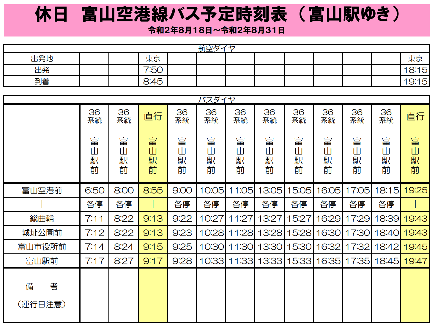 富山きときと空港-市内間のバス時刻表(休日 富山駅行き)