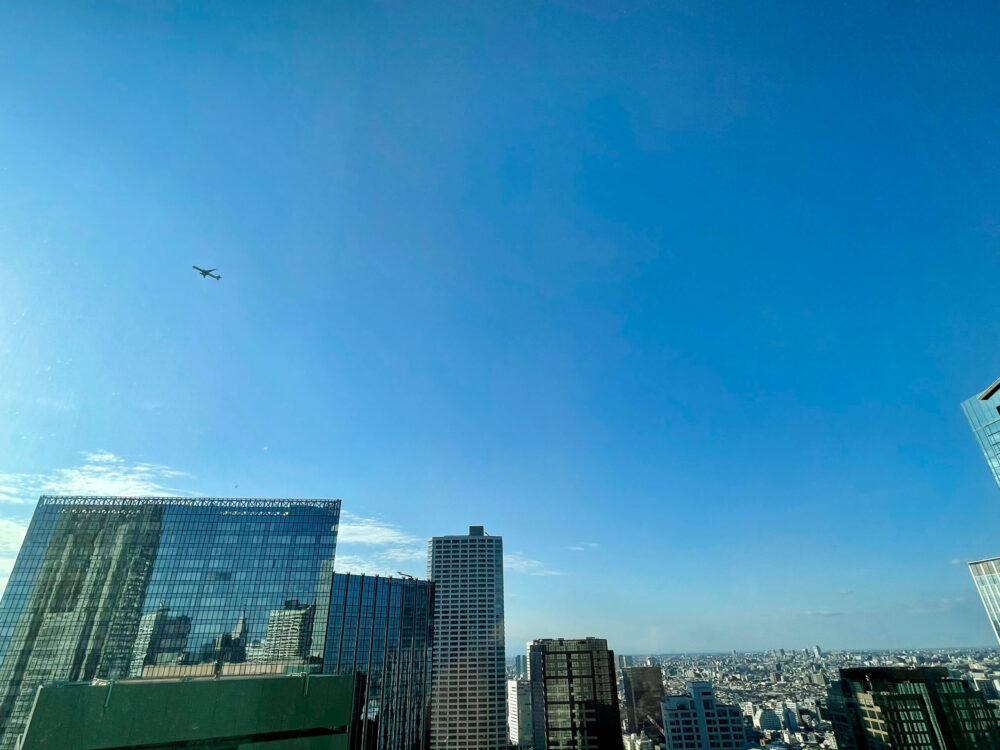 ヒルトン東京 エグゼクティブラウンジから羽田新ルートを飛ぶ飛行機