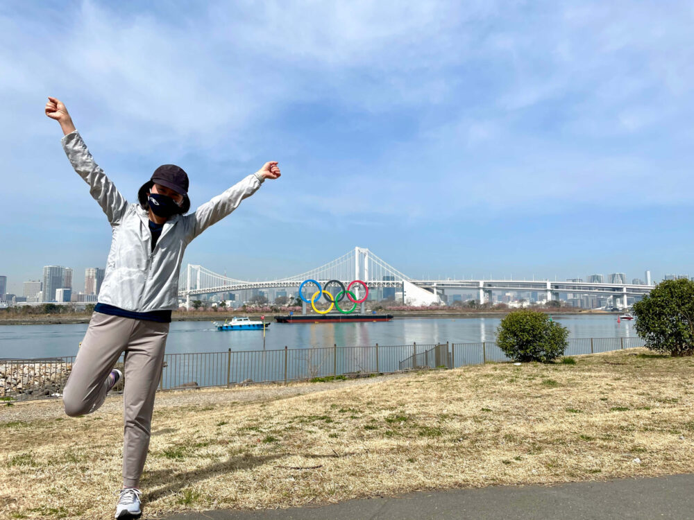 旅ラン ヒルトンお台場 レインボーブリッジと五輪マークと記念撮影