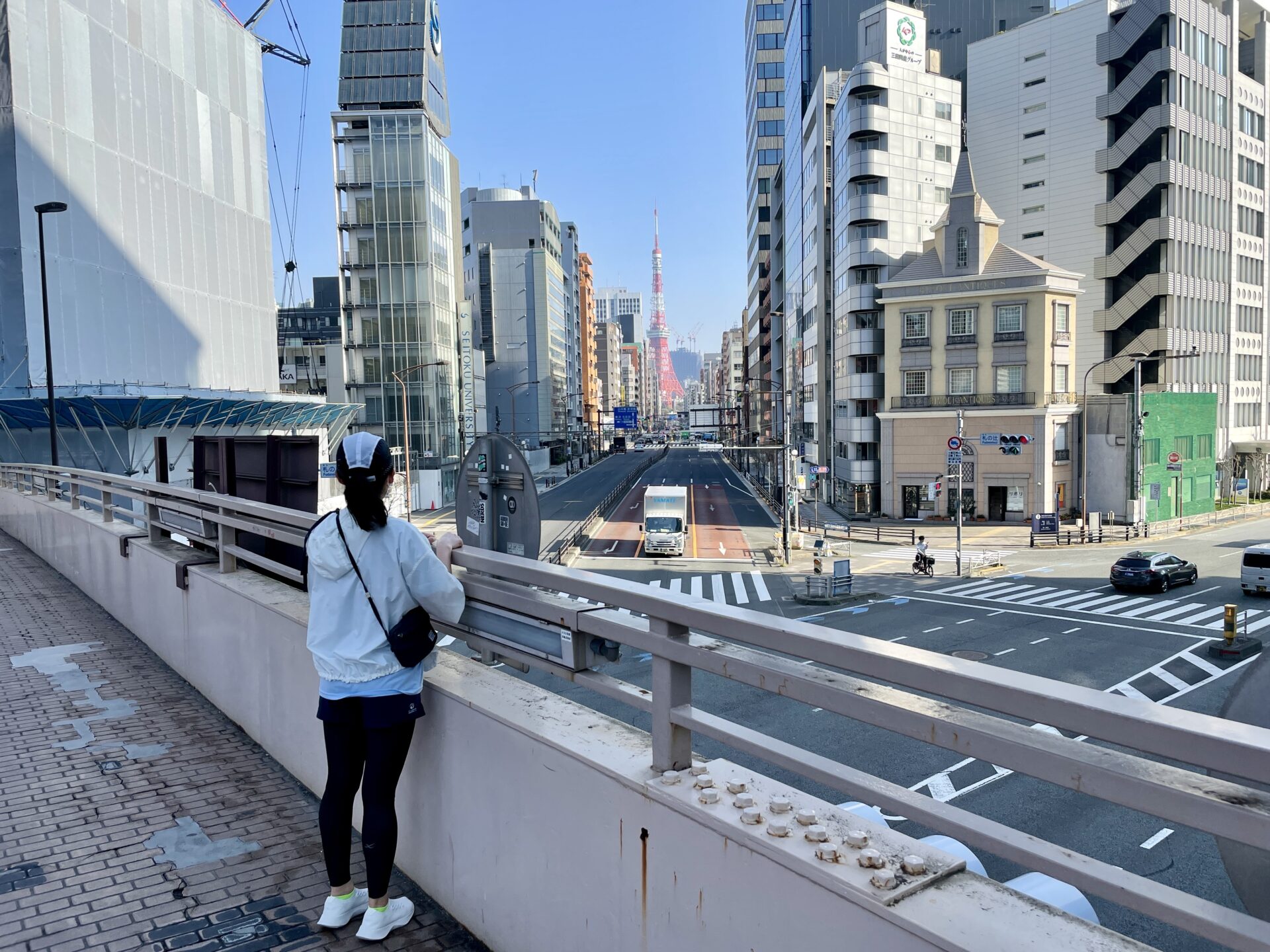山手線一周　徒歩　歩道橋の上から東京タワーを見る