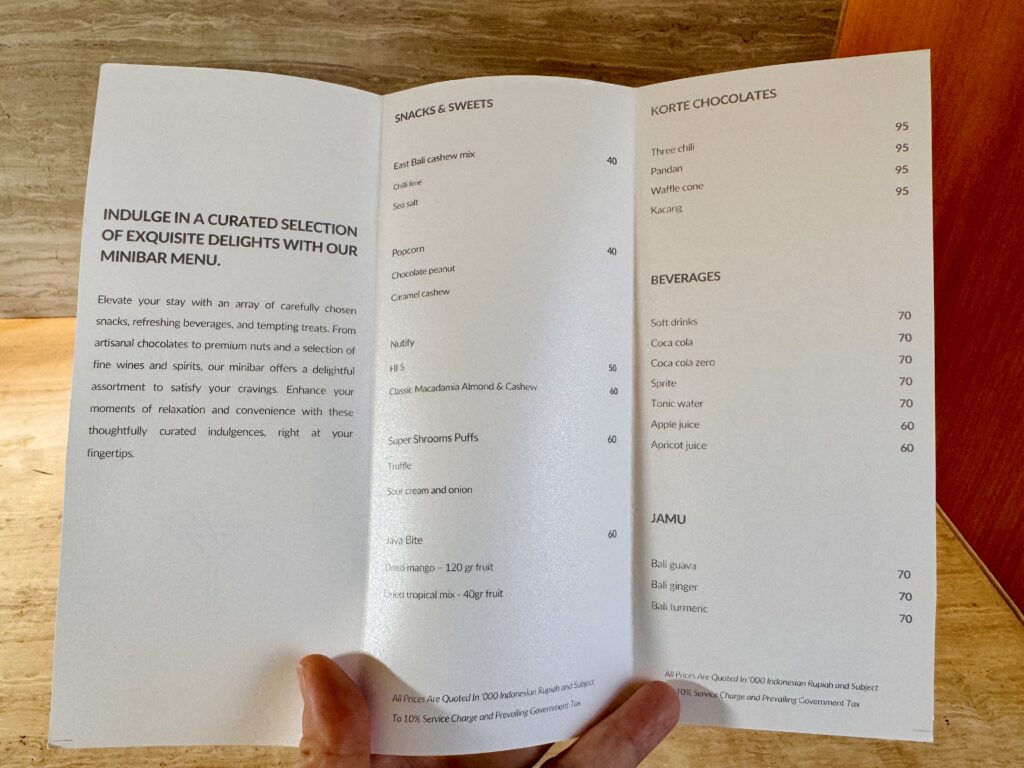 Umana Bali(ウマナバリ)LXR 客室 ミニバー料金表