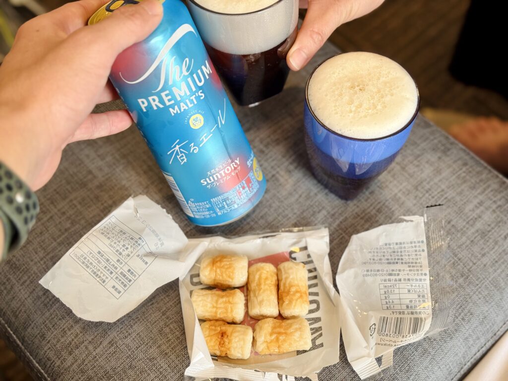 豊橋ハーフマラソン 完走後 ヤマサのプロテインちくわとビール