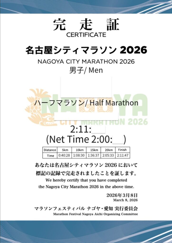 名古屋シティマラソン2026 完走証