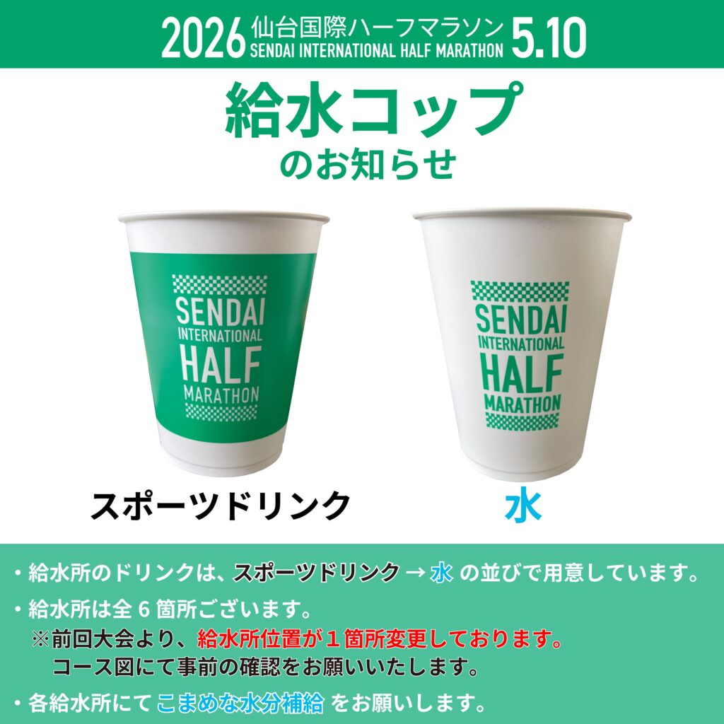 仙台国際ハーフマラソン 給水エイドのコップ案内