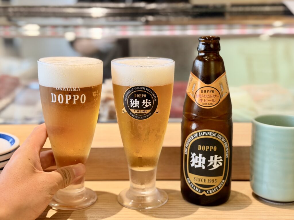 岡山駅 吾妻寿司 独歩ビールで乾杯